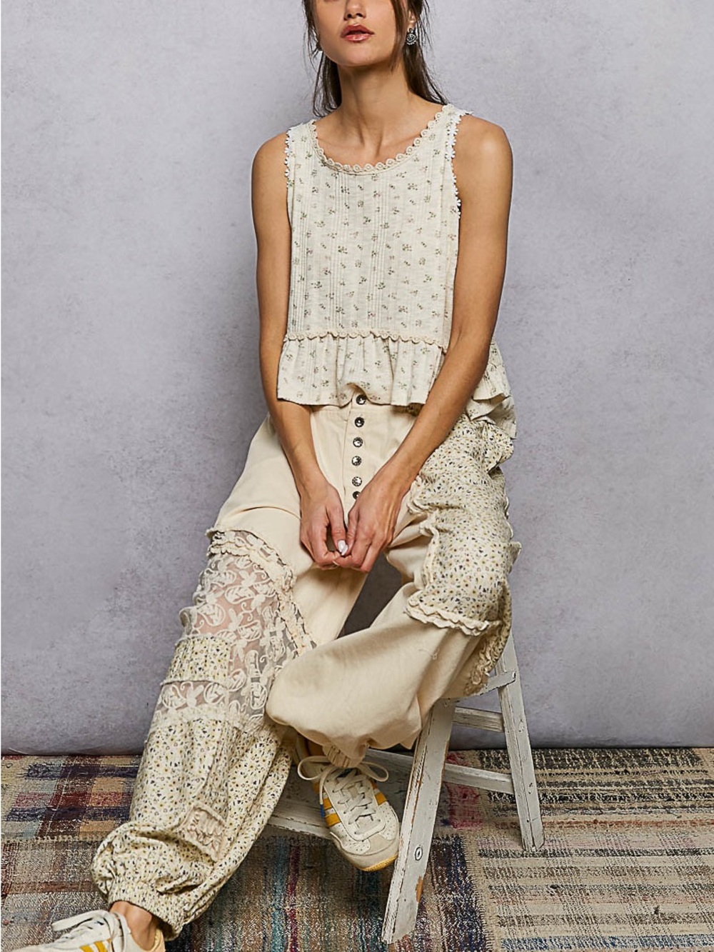 POL Cream Floral Lace-Trim Ruffle Tank Top - Picture 5 of 7